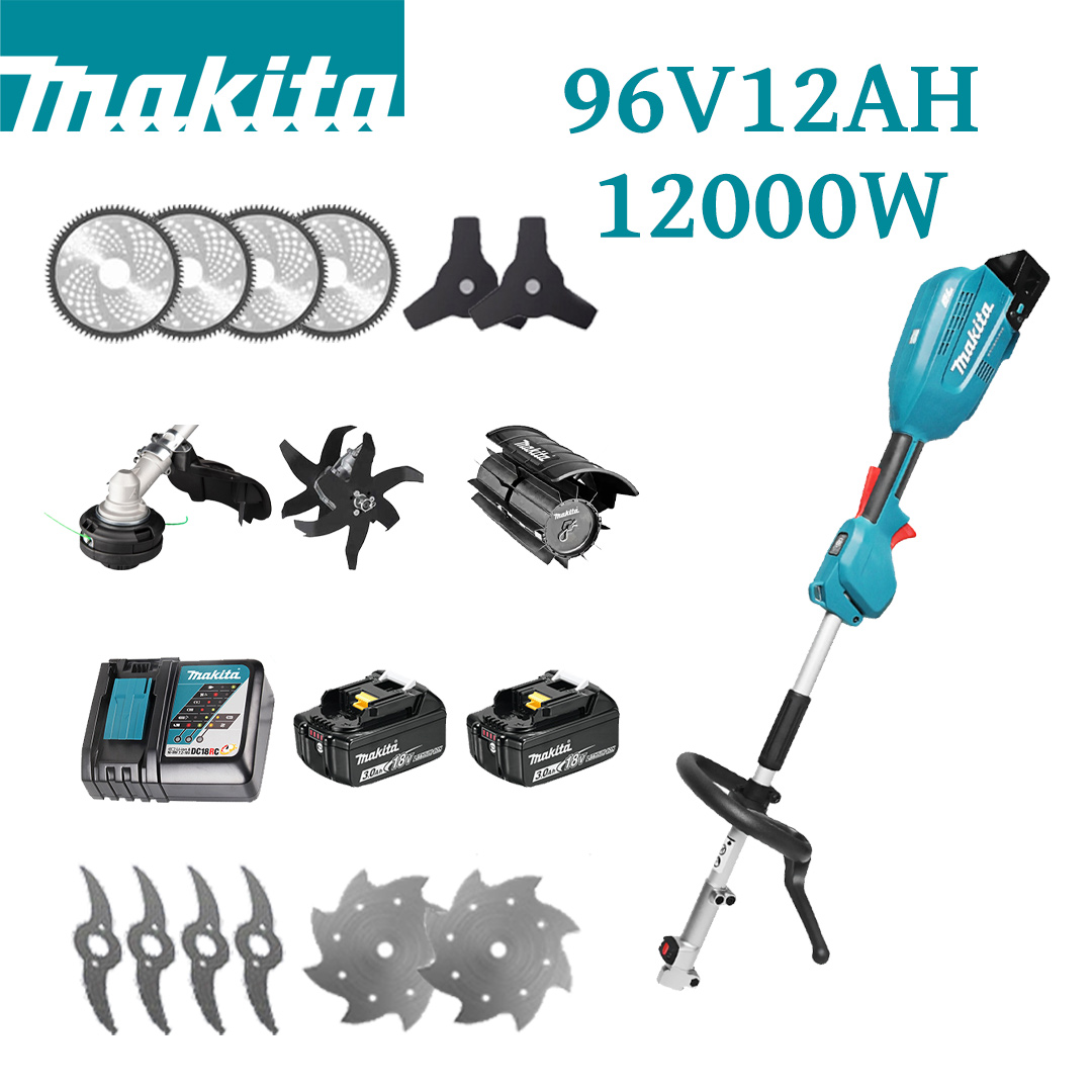 [Ediție Deluxe] Mașină multifuncțională de 12000W*1 cap de cosit*1+pânză de ferăstrău*4+lamă*4+lamă cu 3 tăișuri*2+lamă anti-încurcăre*2+plug*1+roată de brazdă*1+baterie 96V12Ah *2 + încărcător rapid*1