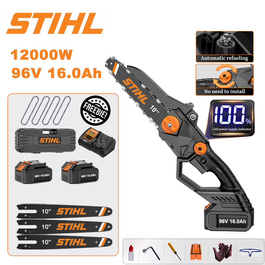 [Model modernizat/garanție 10 ani] Ferăstrău electric cu litiu de 10 inchi, 12000 W, baterie 96 V 16,0 Ah*2, încărcător, placă de ghidare*3, lanț*4, cutie de scule, unsoare și ochelari, puterea motorului de înaltă performanță poate tăia pietre